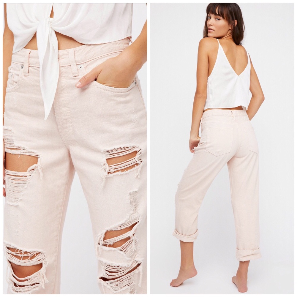 NWOT Free People Destroyed Boyfriend Jeans in Pink - Picture 2 of 8